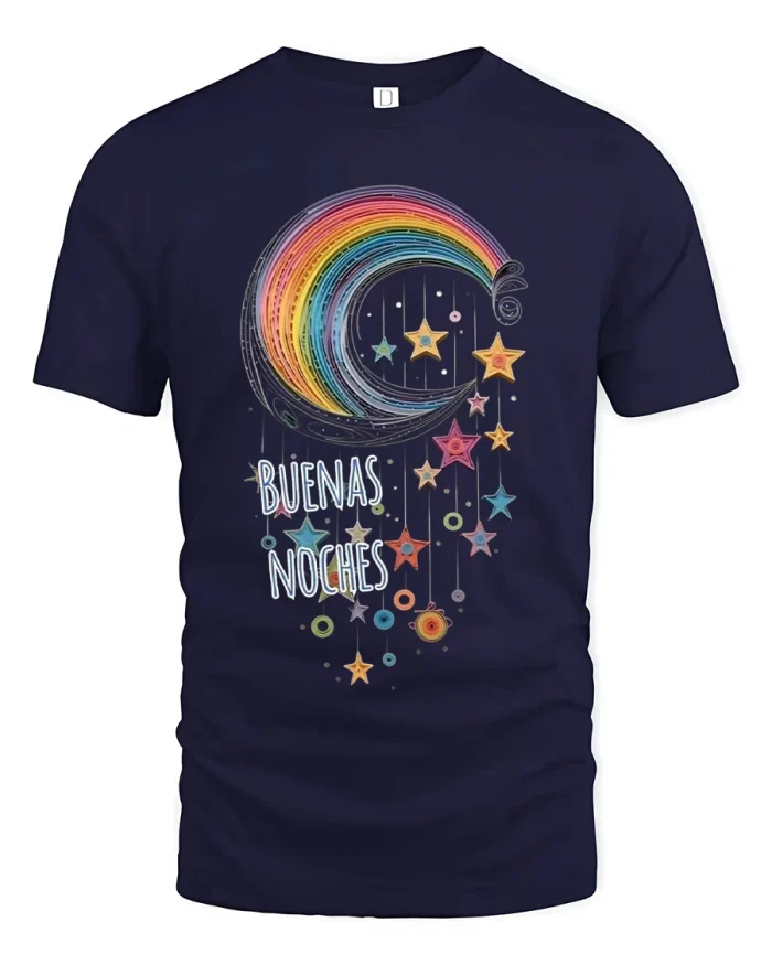 Buenas Noches Rainbow Moon Stars Dreamy Night Art Graphic T Shirt - navy t-shirt on white background