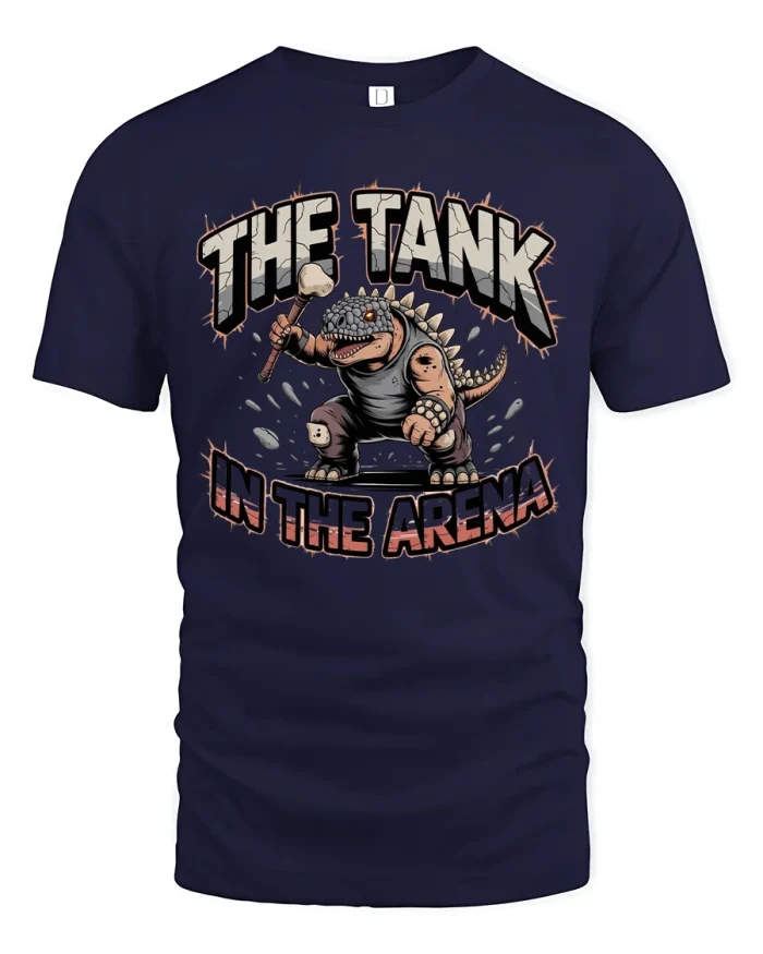 The Tank In The Arena Armored Dino Warrior Graphic T Shirt - navy t-shirt on white background