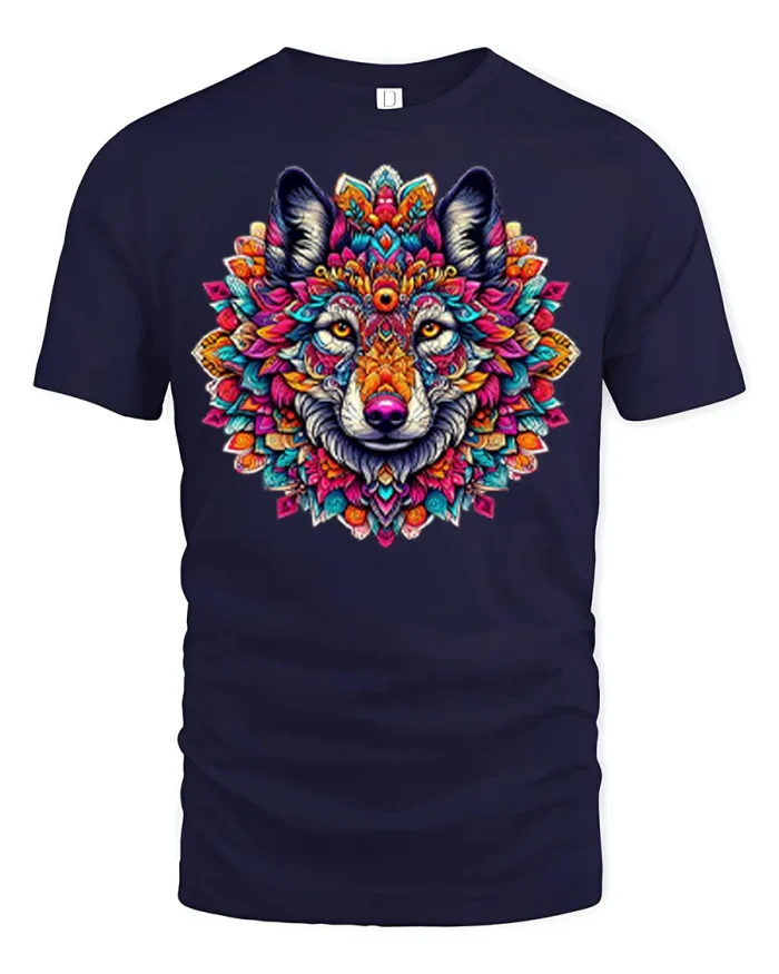 Colorful Mandala Wolf Head Spiritual Art Graphic T Shirt - navy t-shirt on white background