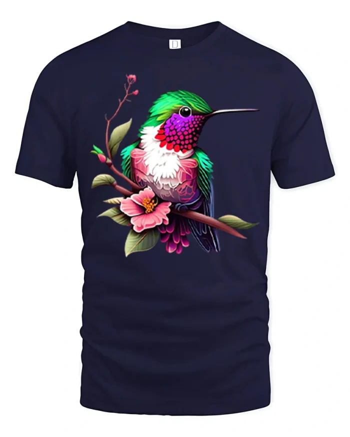 Colorful Hummingbird And Flower Nature Art Graphic T Shirt - navy t-shirt on white background