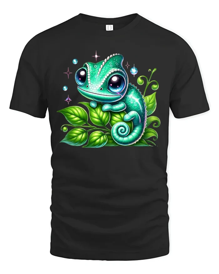 Cute Chameleon On Green Leaves Fantasy Art Graphic T Shirt - black t-shirt on white background