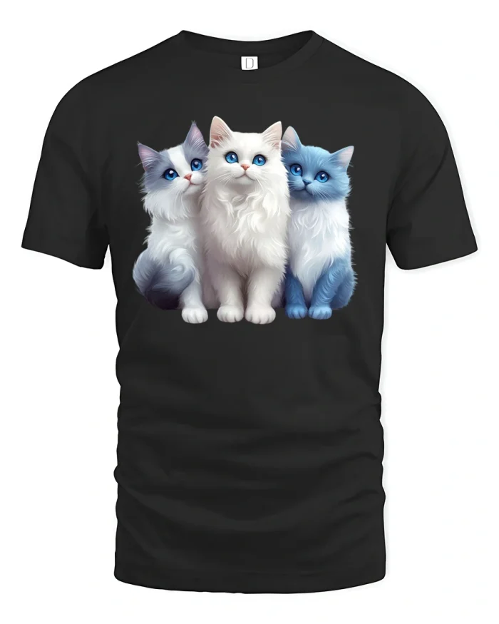 Cute Fluffy Kittens Trio Adorable Cat Art Graphic T Shirt - black t-shirt on white background