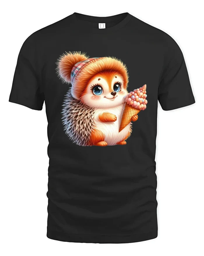Cute Hedgehog With Ice Cream Adorable Kawaii Graphic T Shirt - black t-shirt on white background