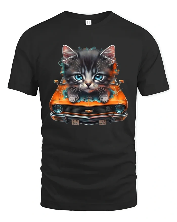 Cool Kitten Driving Classic Car Funny Cat Graphic T Shirt - black t-shirt on white background