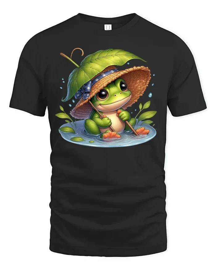 Cute Frog with Leaf Hat Rainy Day Cartoon Graphic T Shirt - black t-shirt on white background
