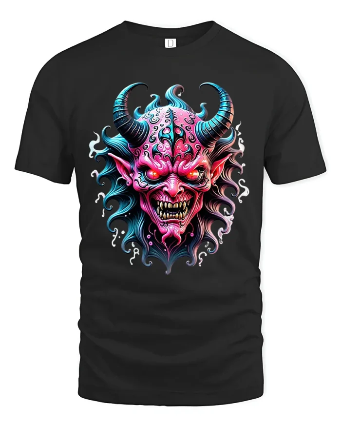 Neon Demon Horned Skull Dark Fantasy Graphic T Shirt - black t-shirt on white background