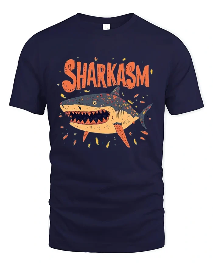 Sharkasm Funny Shark Graphic Sarcastic Humor Tee Shirt - navy t-shirt on white background
