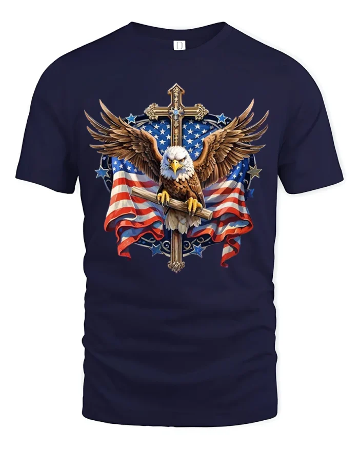 American Eagle Cross Patriotic Faith Freedom Graphic Tee Shirt - navy t-shirt on white background
