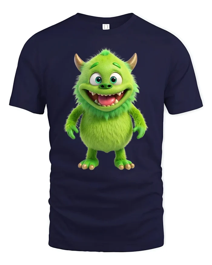 Cute Green Monster Smiling Cartoon Character Fun Graphic Tee - navy t-shirt on white background