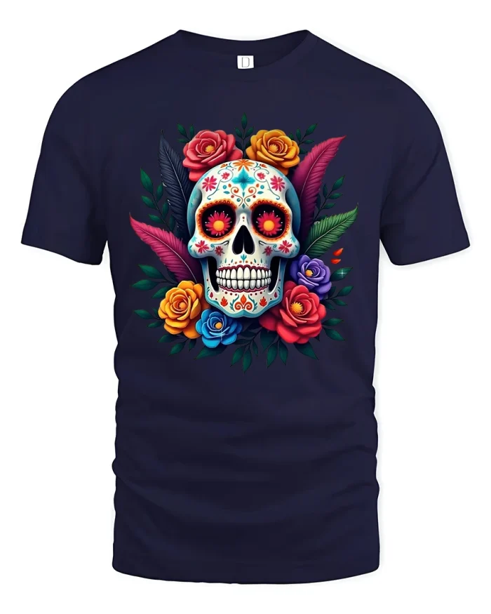 Colorful Sugar Skull Floral Art Day Of The Dead Graphic Tee - navy t-shirt on white background
