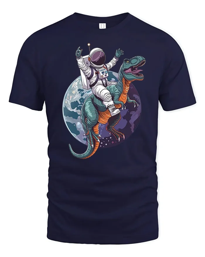 Astronaut Riding Dinosaur Space Adventure Funny Graphic Tee - navy t-shirt on white background