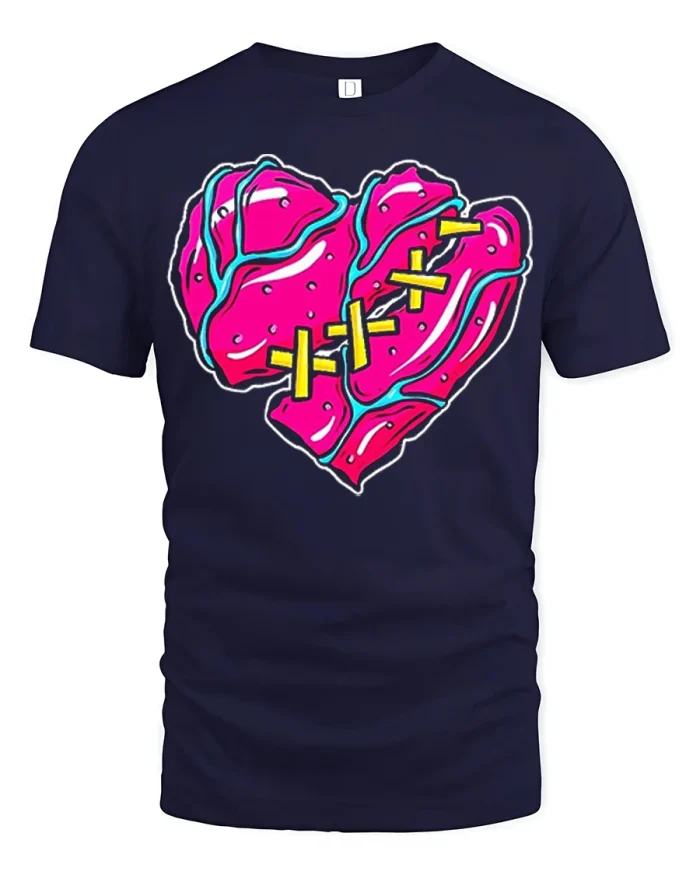 Stitched Broken Heart Neon Art Emotional Graphic Tee - navy t-shirt on white background