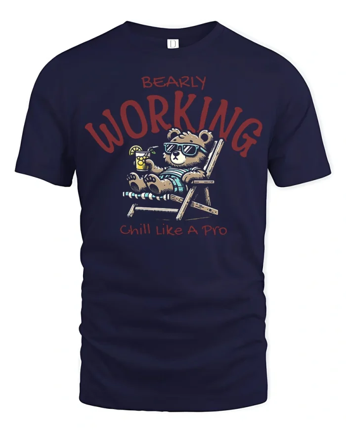 Bearly Working Funny Relaxed Bear Chill Graphic Tee - navy t-shirt on white background