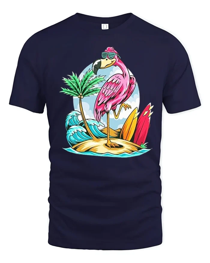 Cool Flamingo Tropical Island Surf Vibes Funny Graphic Tee - navy t-shirt on white background