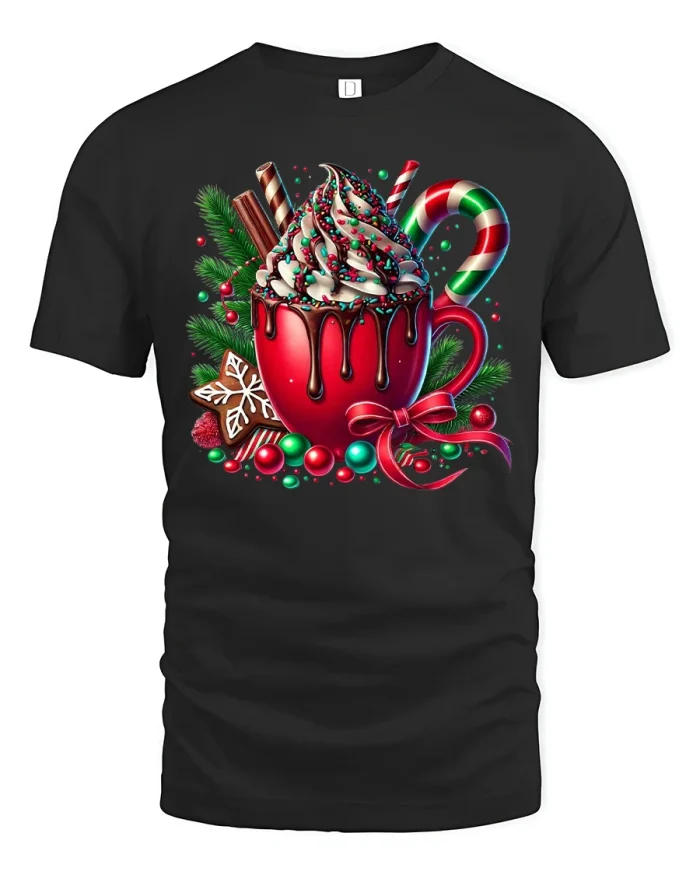 Festive Hot Cocoa Christmas Cheer Graphic Holiday Tee - black t-shirt on white background