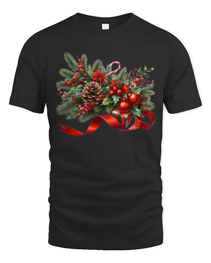 Elegant Christmas Pinecone Floral Holiday Ribbon Graphic Tee - black t-shirt on white background