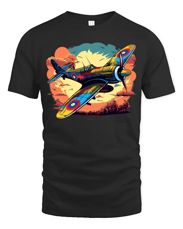 Vintage Fighter Plane Sunset Sky Adventure Aviation Art Tee - black t-shirt on white background
