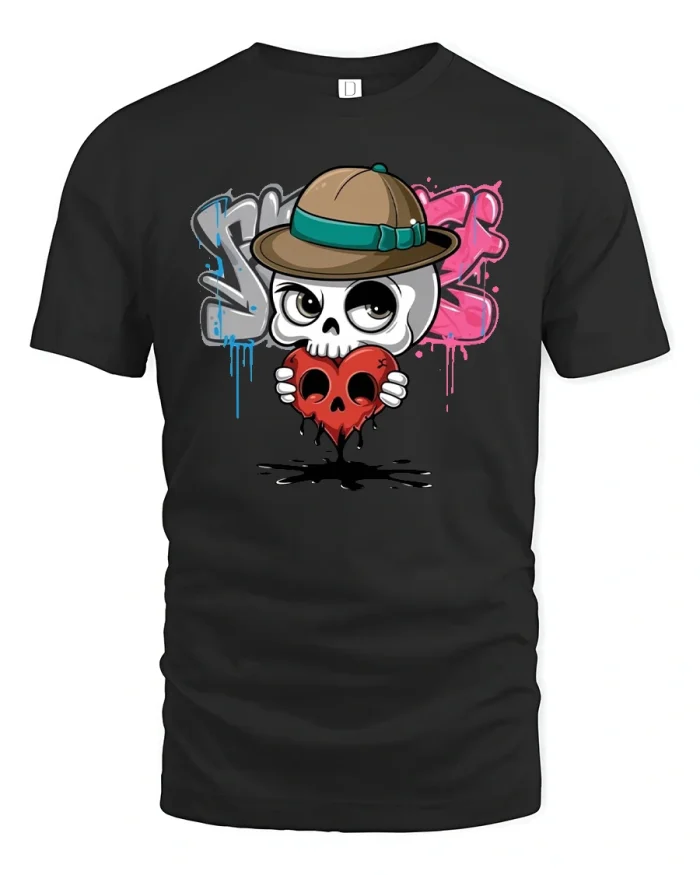 Cute Graffiti Skull Holding Drippy Heart Urban Street Art Tee - black t-shirt on white background