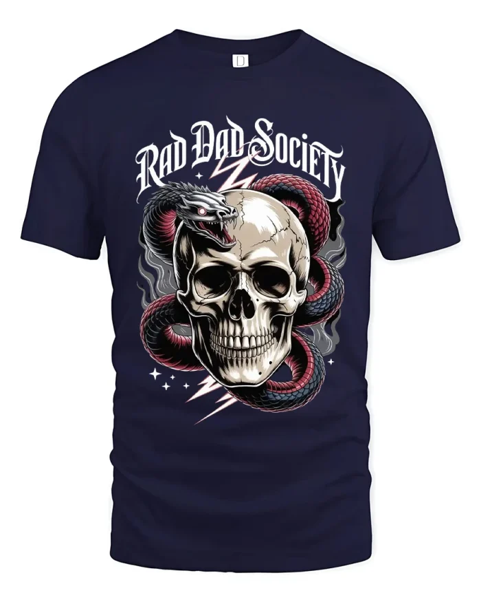 Rad Dad Society Skull Snake Graphic Tee for Cool Fathers - navy t-shirt on white background