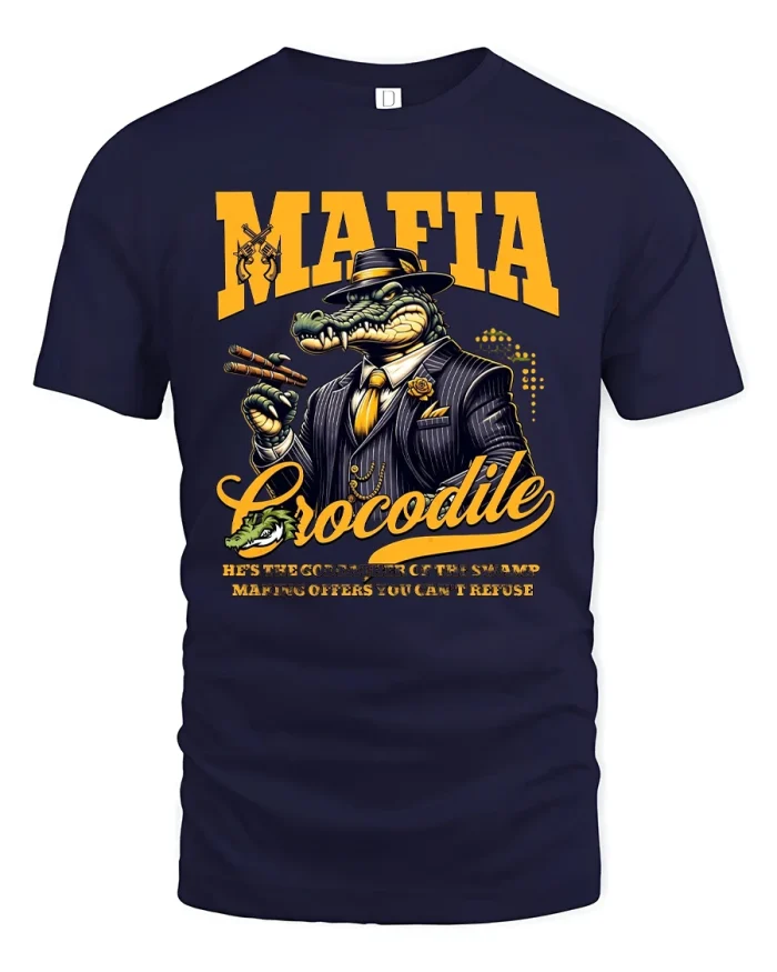 Mafia Crocodile Boss Funny Swamp Godfather Cartoon Graphic Tee - navy t-shirt on white background