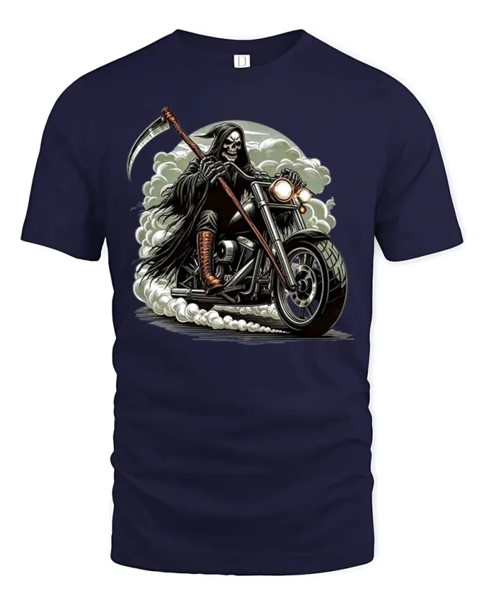 Grim Rider Reaper on Motorcycle Dark Biker Graphic Art Tee - navy t-shirt on white background