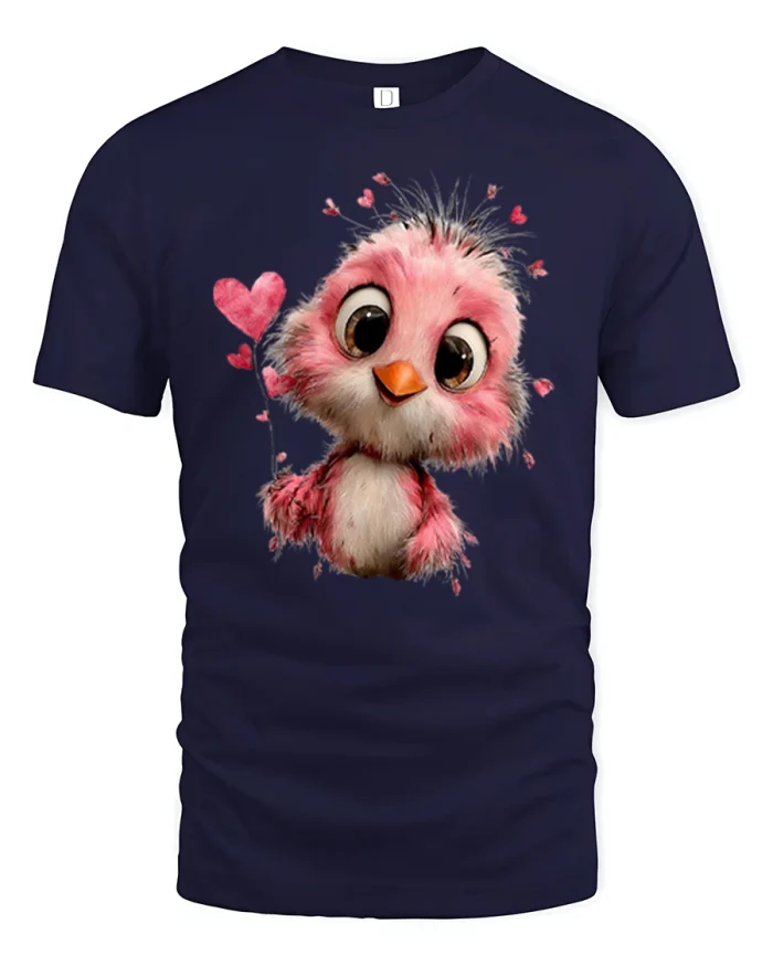 Cute Pink Love Bird Holding Heart Sweet Valentine Art Tee - navy t-shirt on white background