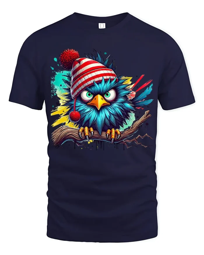 Angry Winter Bird in Beanie Color Splash Funny Graphic Tee - navy t-shirt on white background