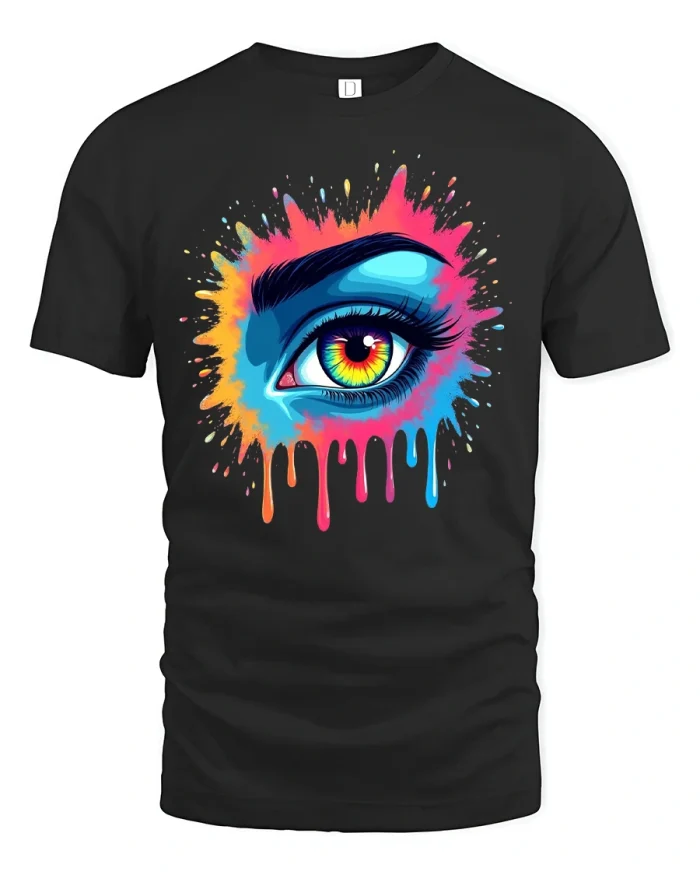 Colorful Dripping Eye Art Tee Vibrant Splash Surreal Graphic - black t-shirt on white background