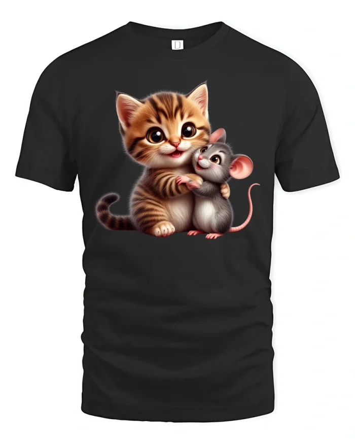 Cute Kitten and Mouse Friends Adorable Animal Hug Graphic Tee - black t-shirt on white background