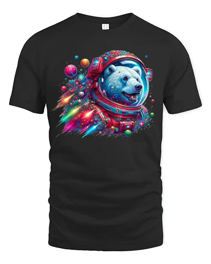 Cosmic Astronaut Bear Colorful Space Adventure Graphic Tee - black t-shirt on white background