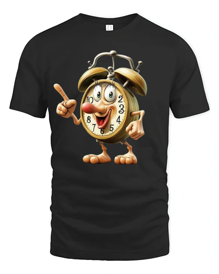 Funny Talking Alarm Clock Character Happy Cartoon Graphic Tee - black t-shirt on white background