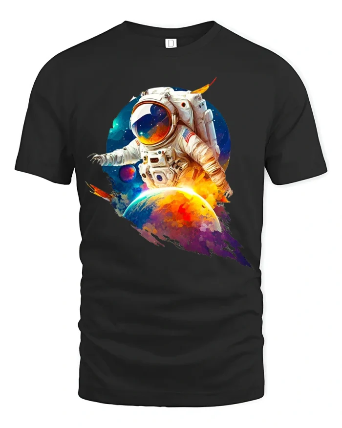 Colorful Astronaut Space Explorer Vibrant Cosmic Art Tee - black t-shirt on white background