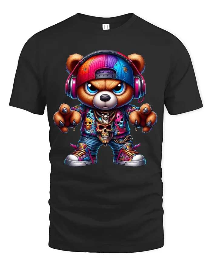 Hip Hop Bear DJ Street Style Colorful Graphic Art Tee - black t-shirt on white background