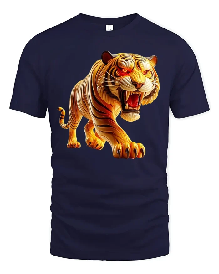 Fierce Tiger Attack Tee Wild Roaring Big Cat Power Graphic - navy t-shirt on white background