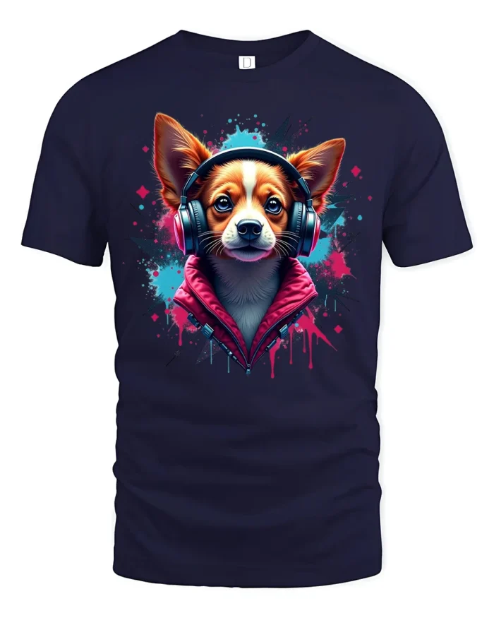 Cool DJ Dog Headphones Tee Funny Music Lover Graphic Tshirt - navy t-shirt on white background