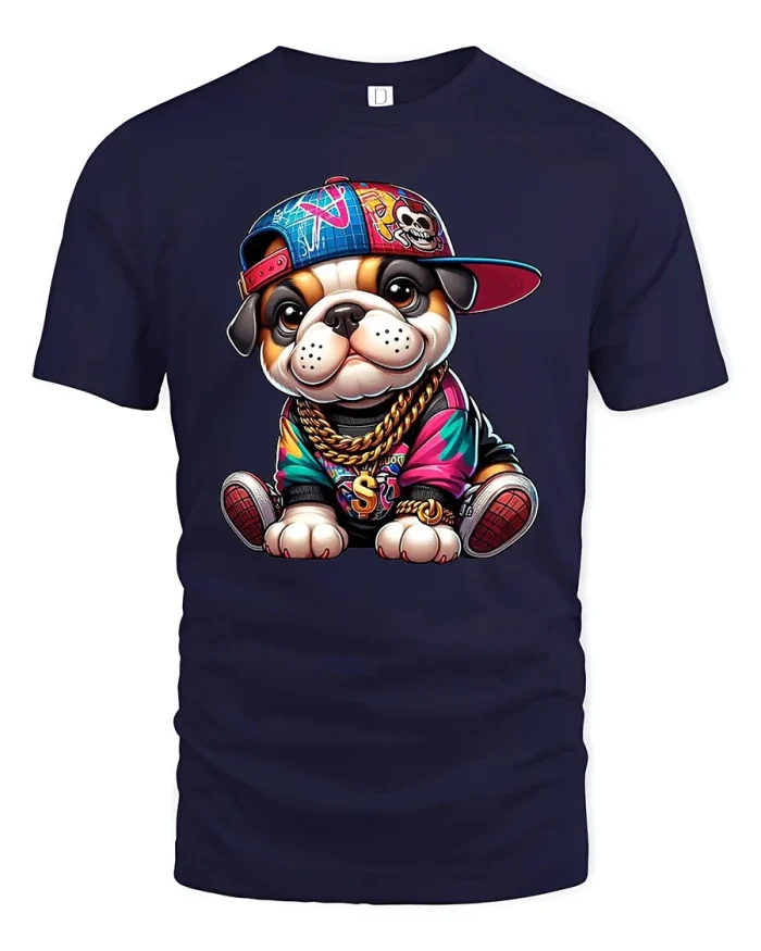 Hip Hop Bulldog Tee Cute Streetwear Puppy Graphic Tshirt - navy t-shirt on white background