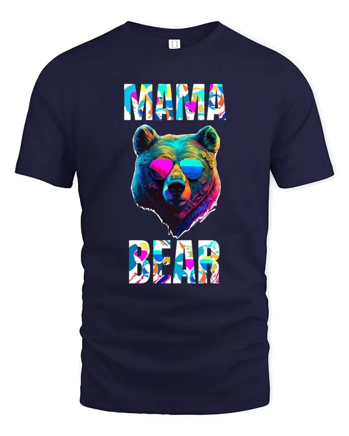 Colorful Mama Bear Tee Cool Sunglasses Bear Graphic Tshirt - navy t-shirt on white background