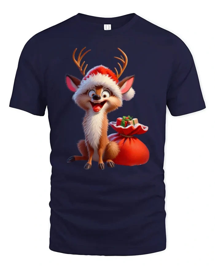 Cute Christmas Reindeer Tee Funny Holiday Gift Sack Tshirt - navy t-shirt on white background