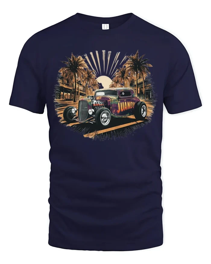 Vintage Hot Rod Street Scene Tee Classic Retro Car Art Tshirt - navy t-shirt on white background