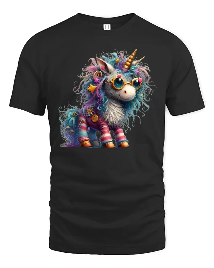 Cute Rainbow Unicorn Tee with Adorable Fluffy Fantasy Style - black t-shirt on white background