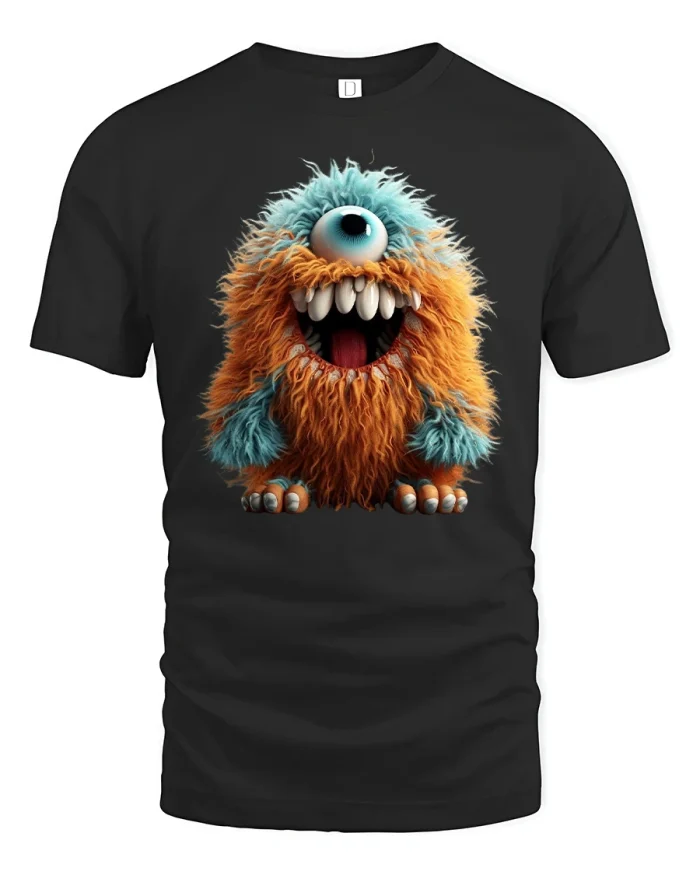 Cute Fuzzy Monster Tee with Funny One Eyed Cartoon Creature - black t-shirt on white background