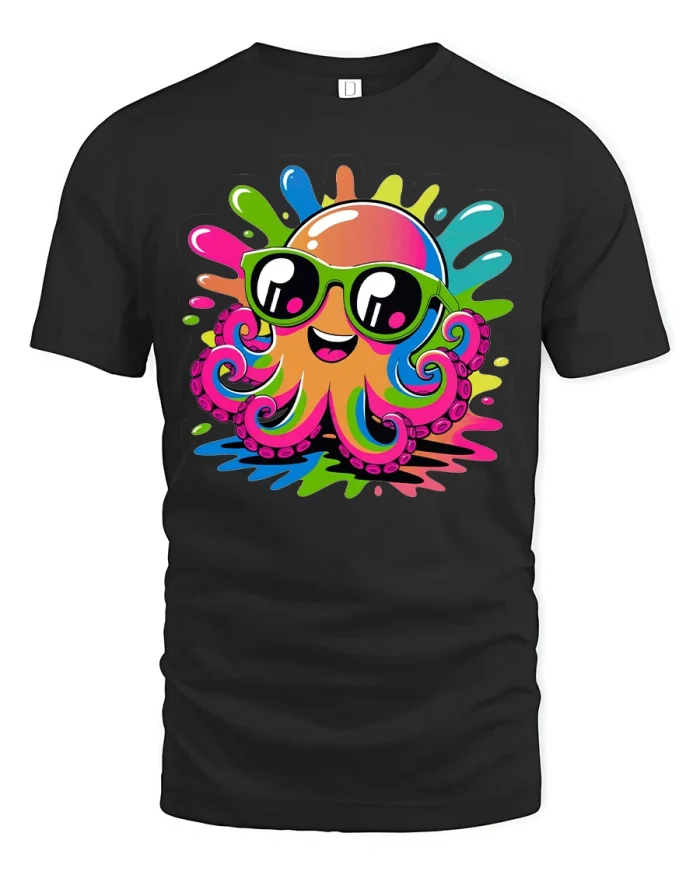 Colorful Cool Octopus Tee with Fun Sunglasses Cartoon Art - black t-shirt on white background