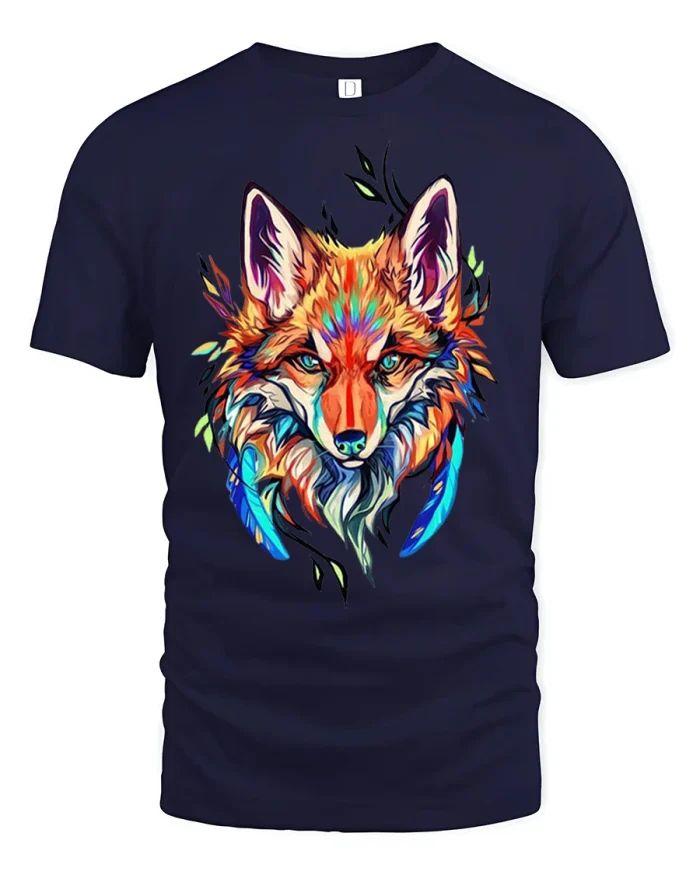 Vibrant Fox Spirit Tee Colorful Wild Animal Art Graphic Shirt - navy t-shirt on white background