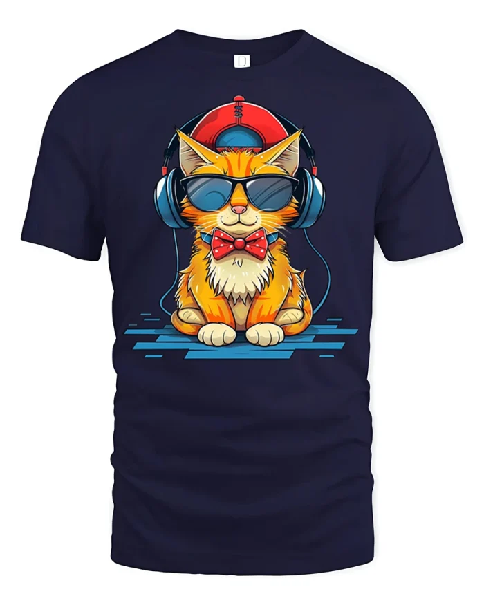 Cool DJ Cat Tee Funny Headphones Music Lover Graphic Tshirt - navy t-shirt on white background