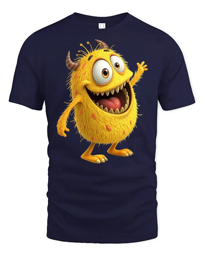 Cute Yellow Monster Tee Funny Happy Cartoon Creature Tshirt - navy t-shirt on white background