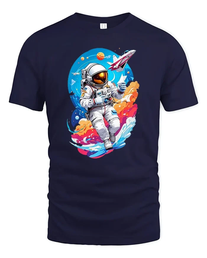 Colorful Astronaut Tee Cosmic Space Adventure Art Tshirt - navy t-shirt on white background
