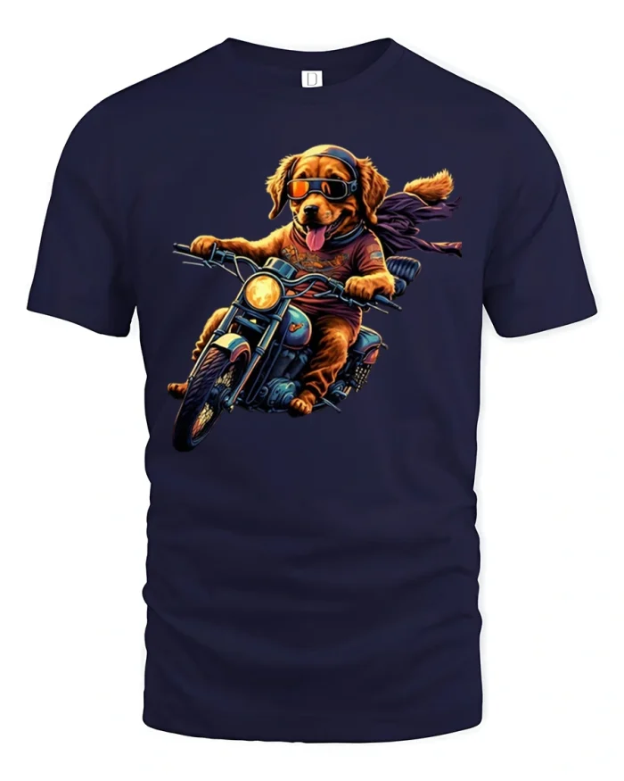 Biker Dog Tee Cool Motorcycle Riding Pup Funny Graphic Tshirt - navy t-shirt on white background