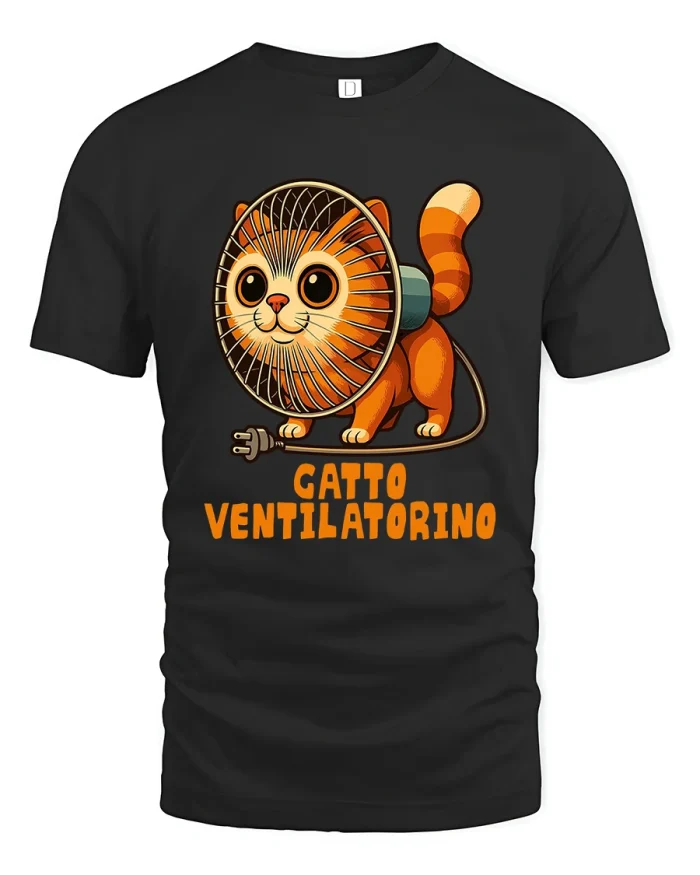 Funny Cat Fan Tee Cute Gatto Ventilatorino Cartoon Tshirt - black t-shirt on white background