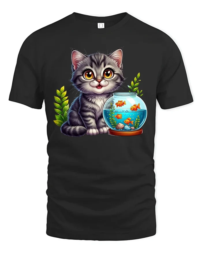 Cute Kitten and Goldfish Bowl Tee Adorable Pet Lover Tshirt - black t-shirt on white background
