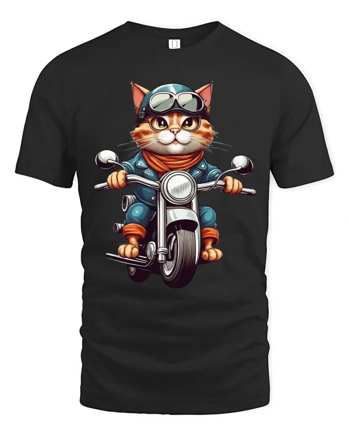 Biker Cat Rider Tee Cool Motorcycle Kitty Tshirt Design - black t-shirt on white background